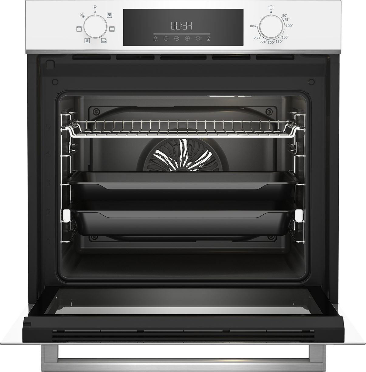 Un horno abierto muestra rejillas y bandejas en el interior. Pantalla digital y mandos en la parte superior.