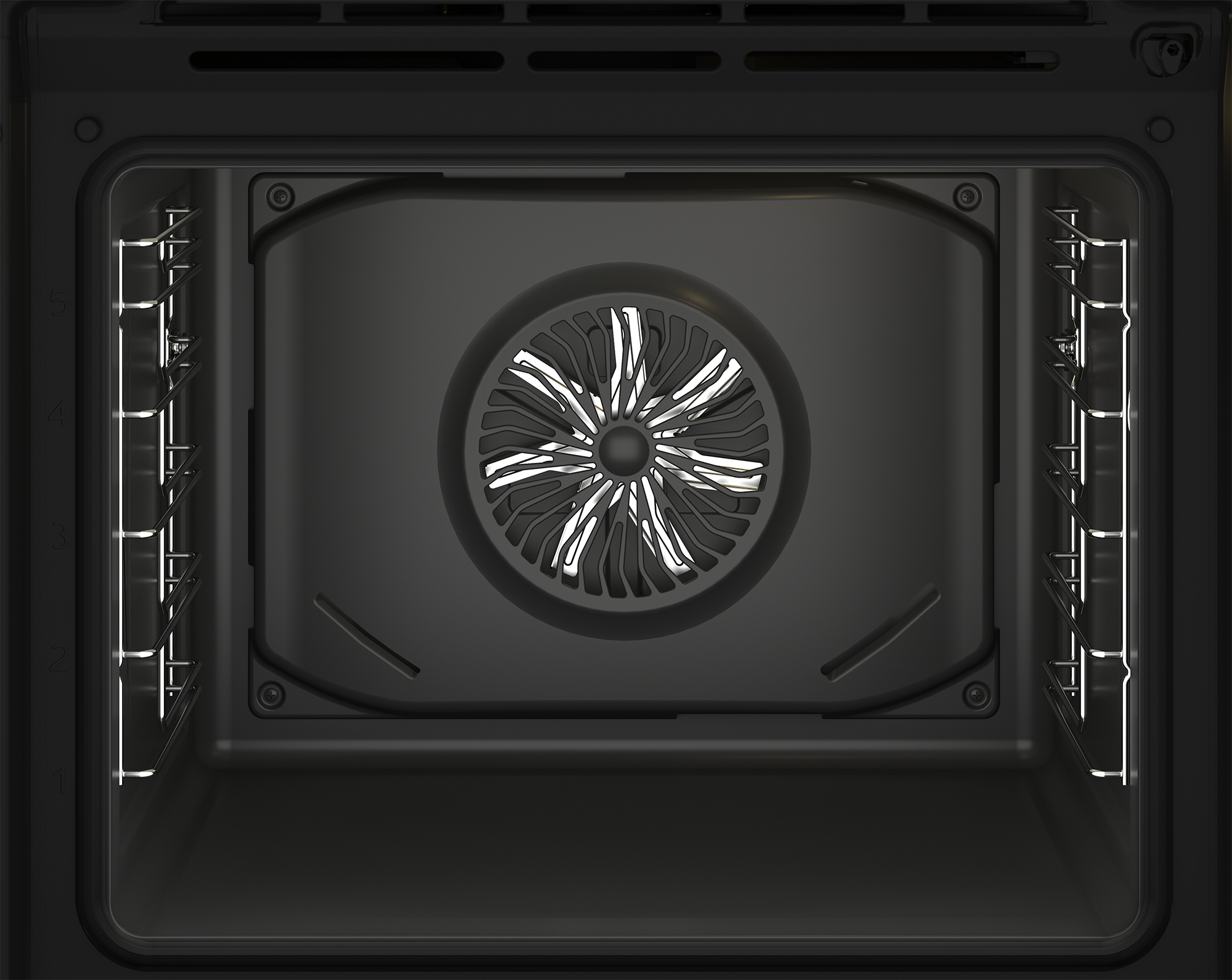 Interno del forno. Ventola, griglie e l'interno del forno. Sfondo nero.