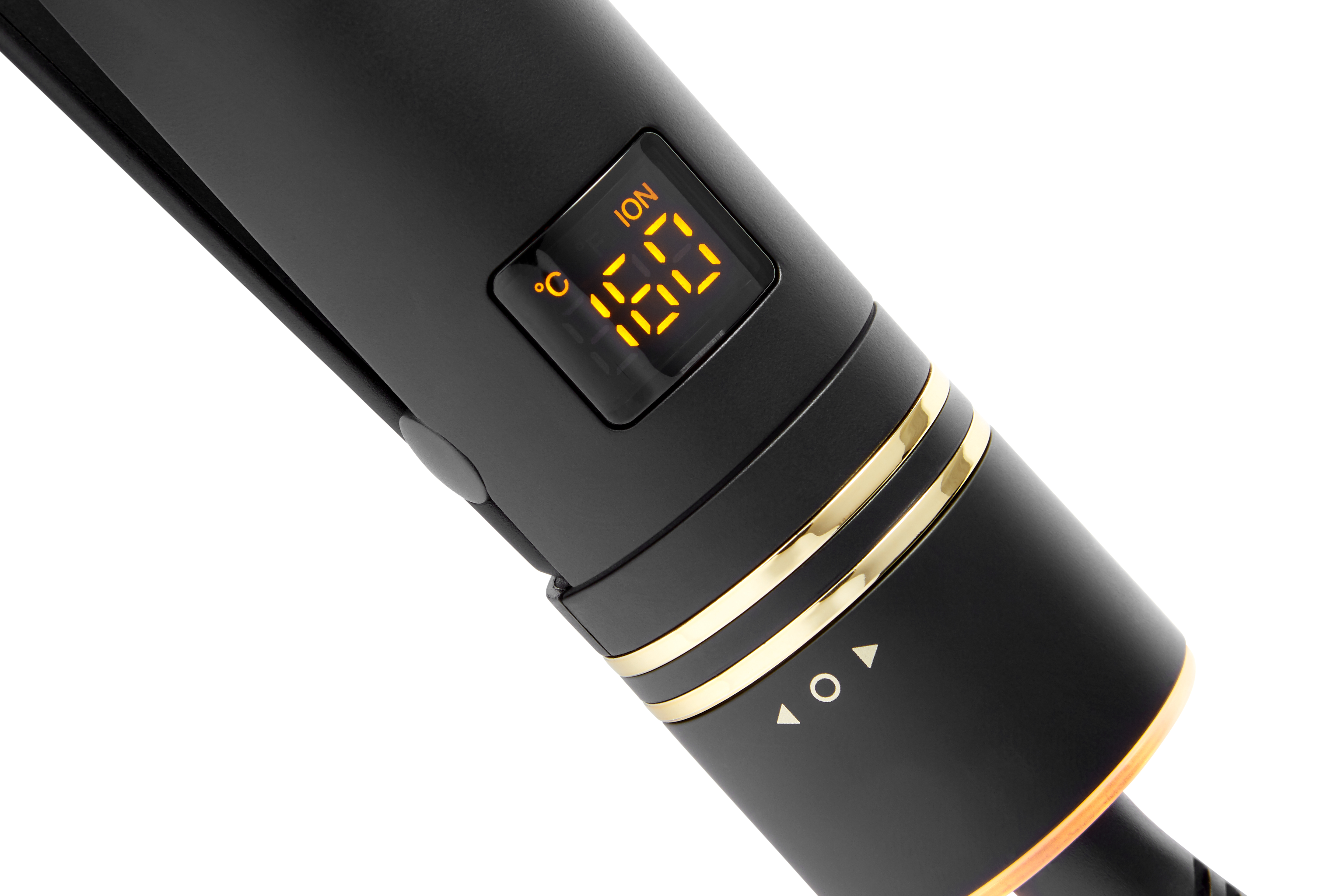 Een zwarte stijltang met een oranje display en gouden accenten.