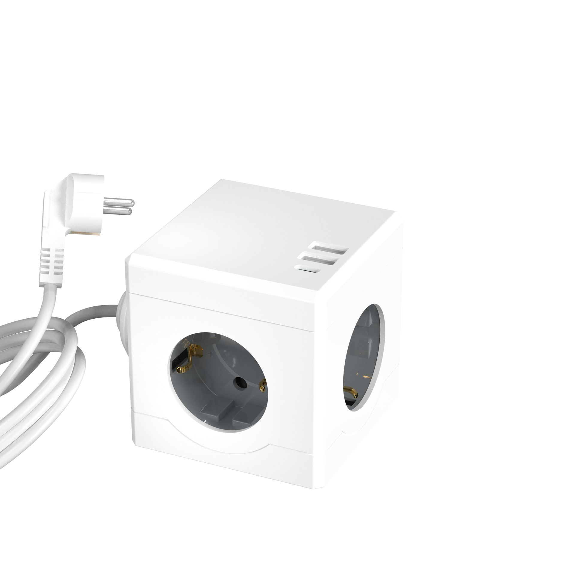 Ein weißer elektrischer Würfel mit drei Steckdosen. Es gibt ein weißes Kabel und einen Stecker.