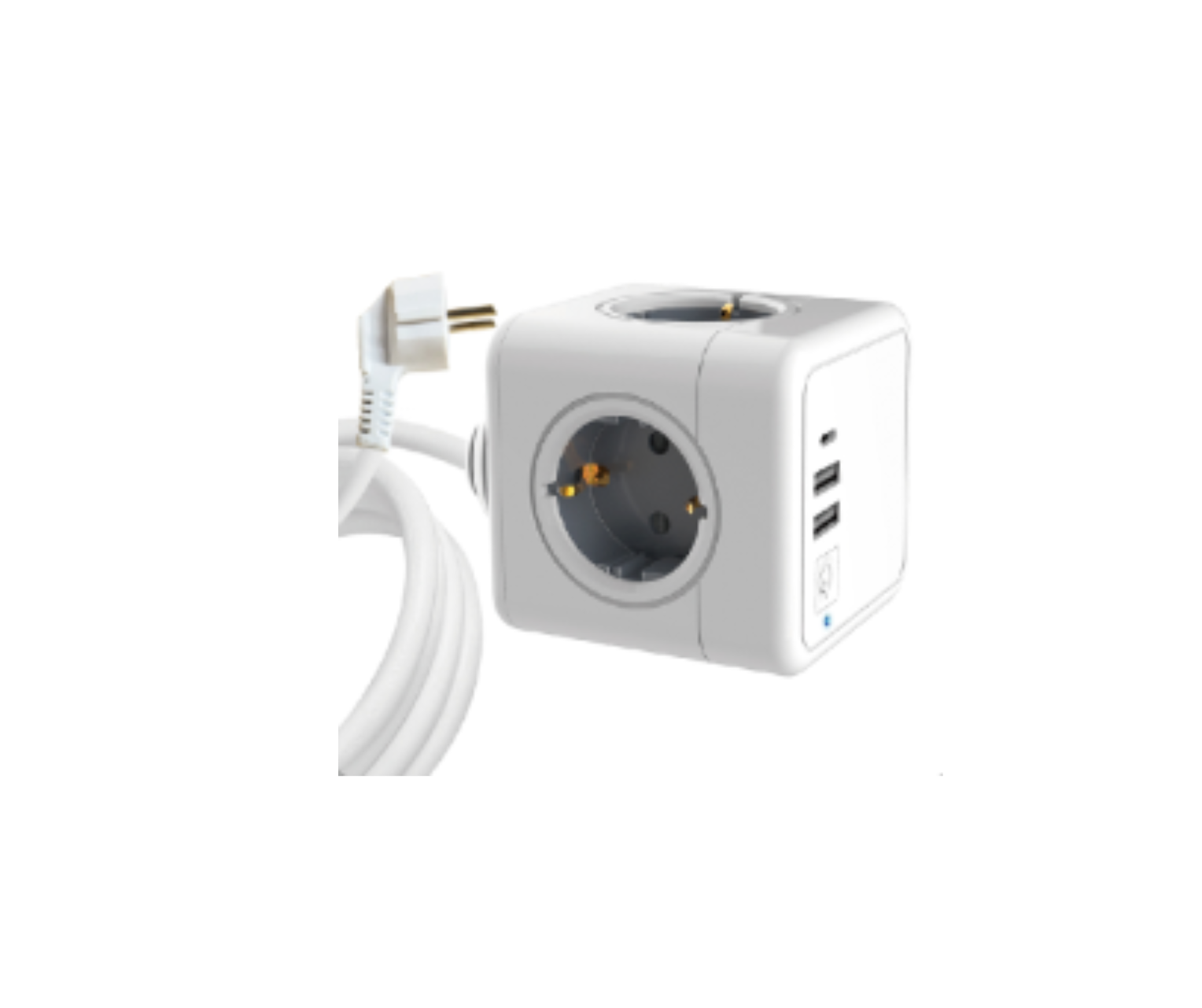Weißer Würfel-Steckdosenleiste mit Steckdosen und USB-Anschlüssen und weißem Kabel.