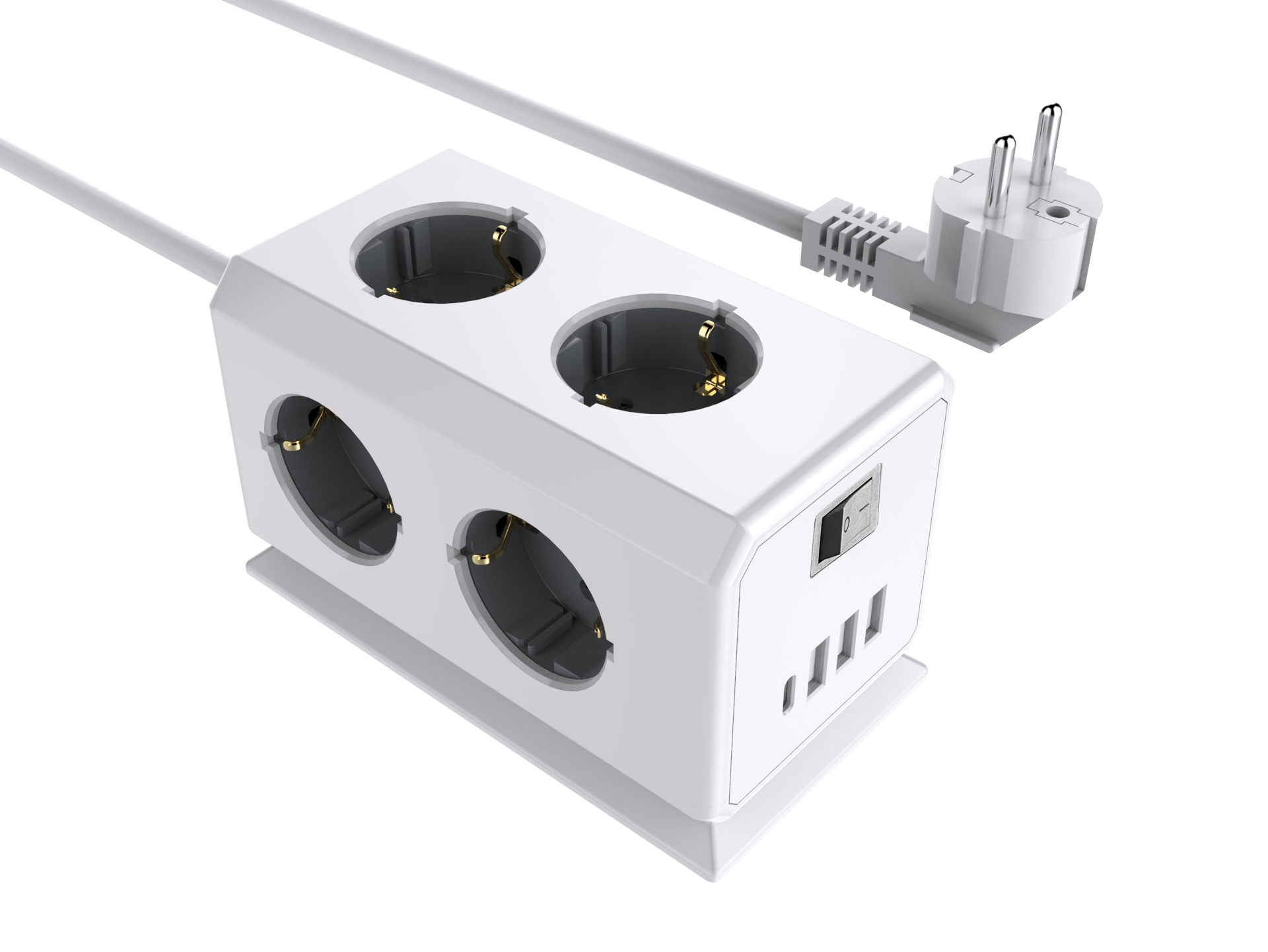 Weiße Steckdose mit drei Steckdosen, einem Schalter und USB-Anschlüssen. Es gibt zwei Stecker.