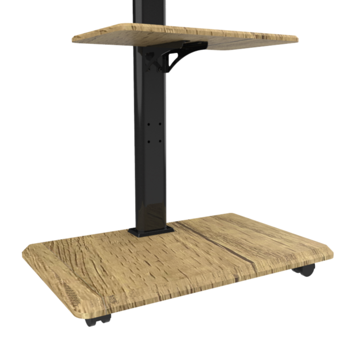 Een houten bureau op een zwarte paal, met twee planken.