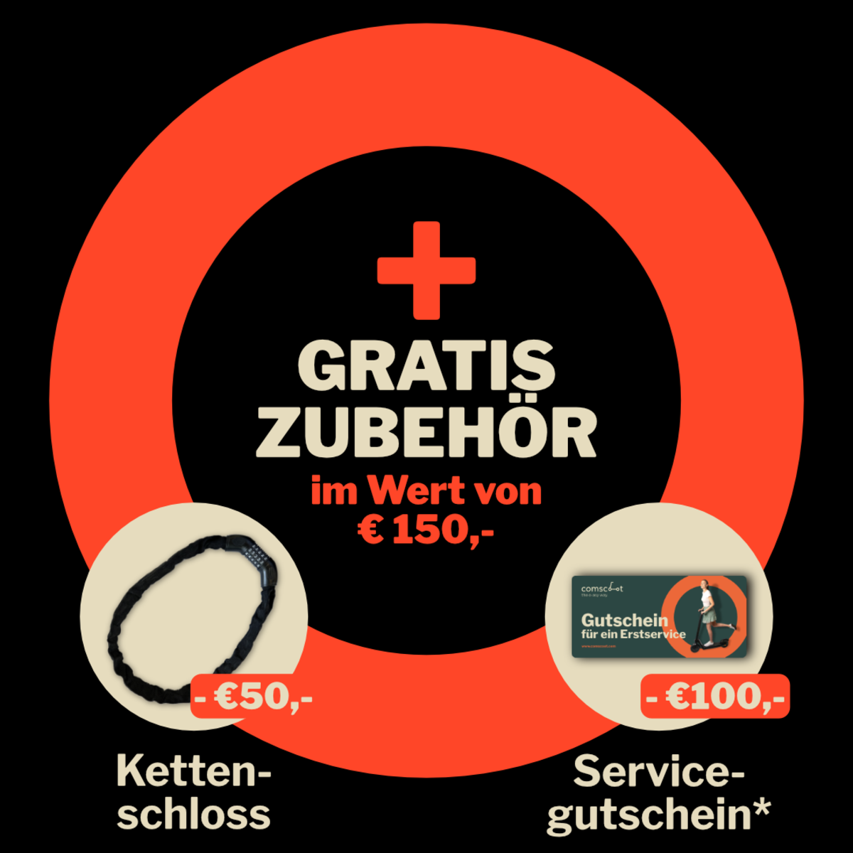 Werbebild: schwarzes Kettenschloss und Gutschein für Zubehör im Wert von 150 €.