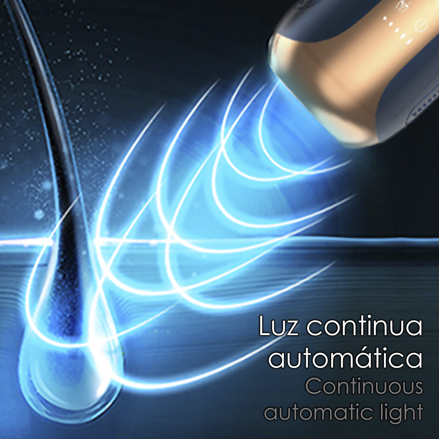 Nahaufnahme eines Haares mit einem Lasergerät, das blaues Licht emittiert.