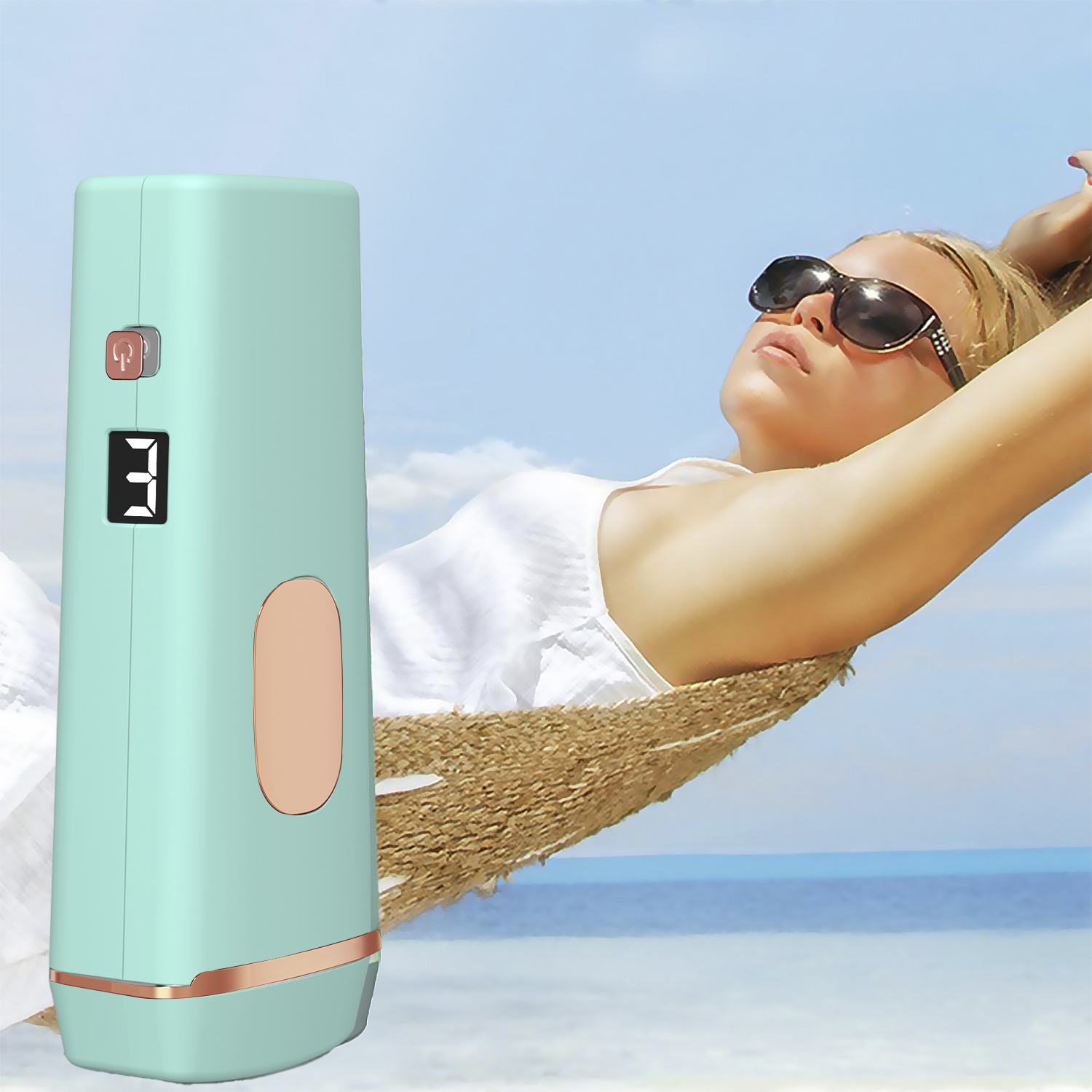 Frau in Sonnenbrille entspannt in Hängematte, teal Haarentfernungsgerät davor.