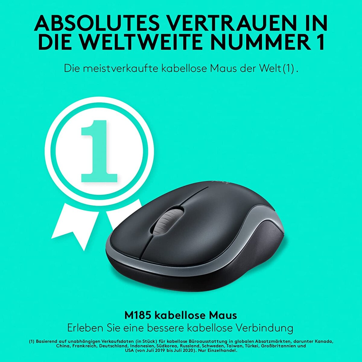 Un mouse wireless M185 nero su sfondo turchese con numero uno e testo.
