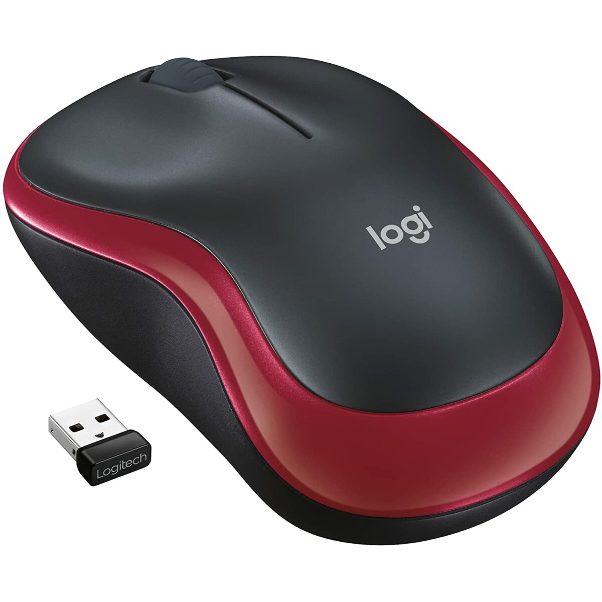 Zwarte en rode draadloze Logitech muis met USB-ontvanger. De muis heeft een scrollwiel en logo.