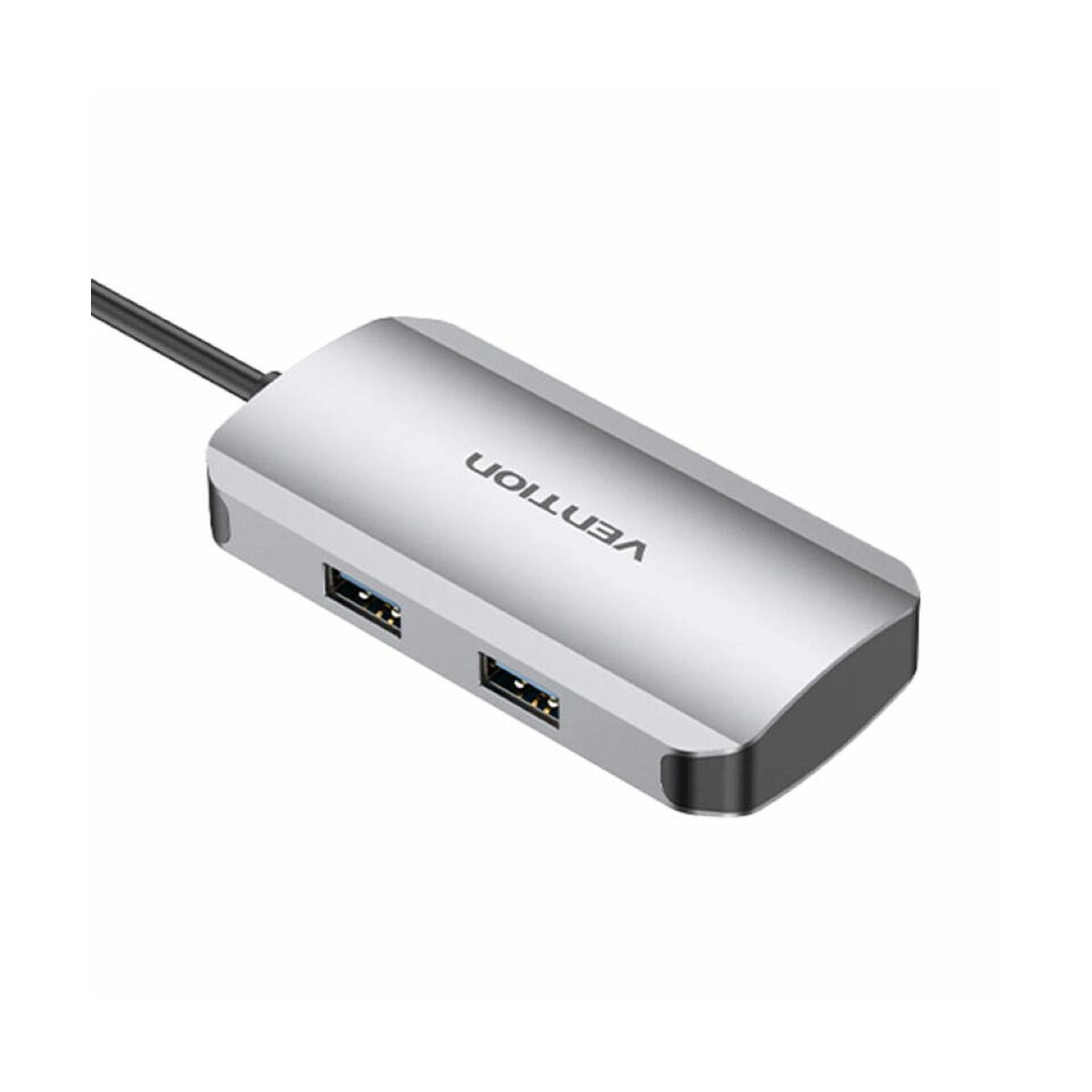 Hub USB Vention argentato con quattro porte USB e un cavo nero.