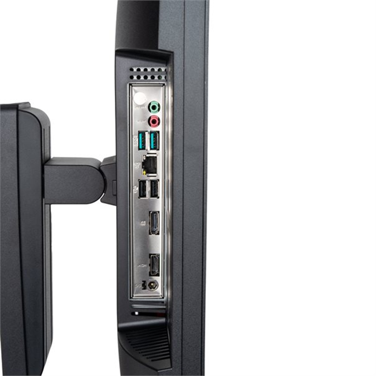 Zbliżenie tyłu ekranu komputera z różnymi portami. Widoczne są liczne opcje połączeń.