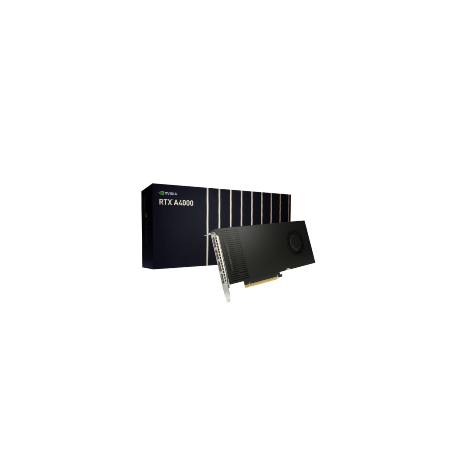 Scheda grafica nera RTX A4000, in una scatola. La scheda è nera e argento.