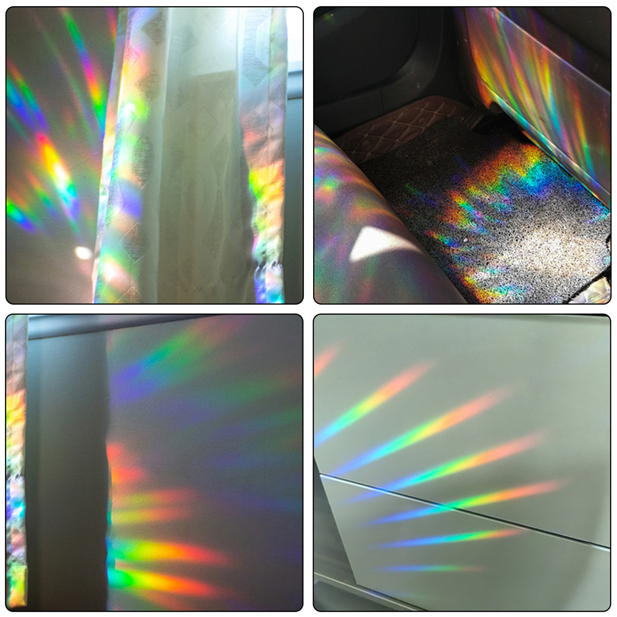 Vier Bilder von Sonnenlicht, das Regenbogeneffekte erzeugt. Vorhänge und Fahrzeuginnenraum sind sichtbar.