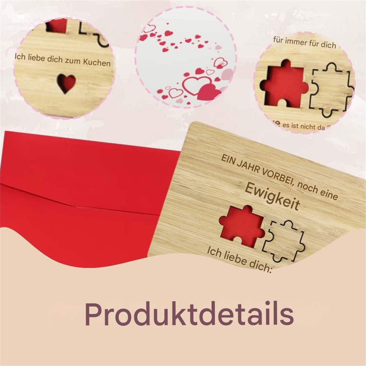 Holzpuzzle-Teile mit Herz-Ausschnitten, roter Umschlag und Text über Liebe.