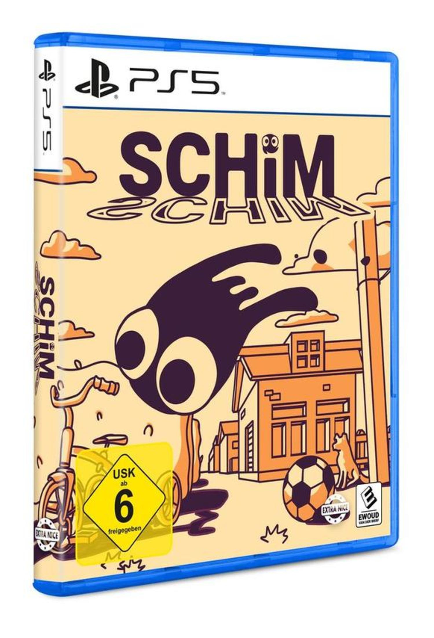 PS5-Spielverpackung für 'Schim' mit einer Zeichentrickfigur und Gebäuden.