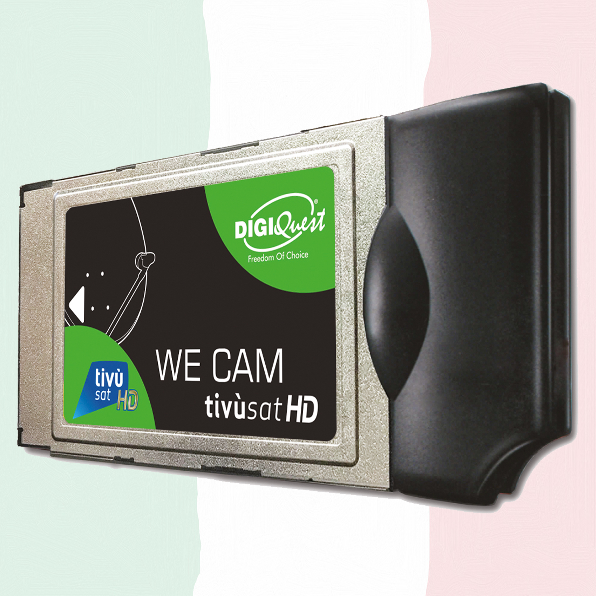 DİGİQuest We Cam tivùsat HD Gerät. Grün-schwarzes Design. Mehrfarbiger Gradientenhintergrund.