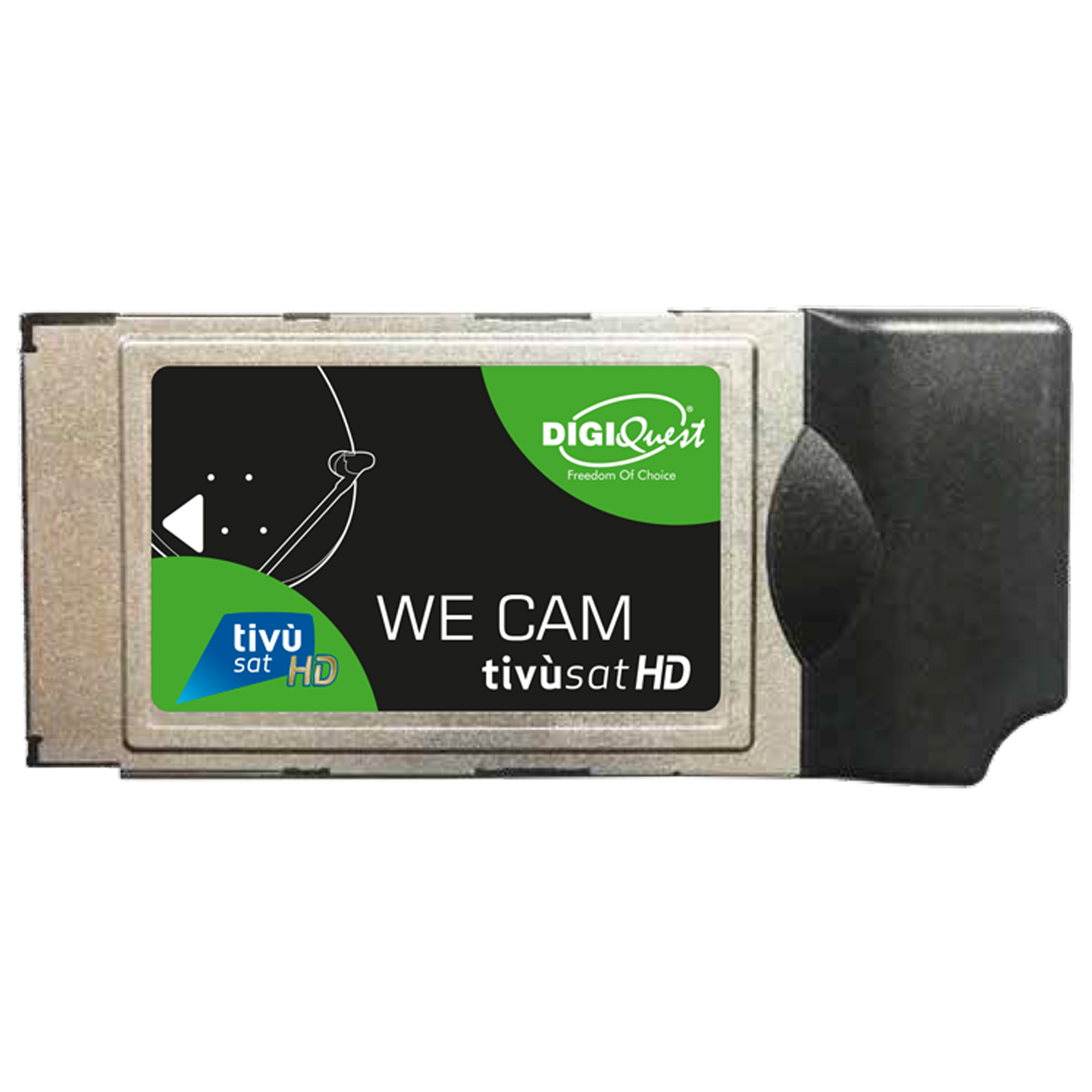 Eine schwarze und grüne DigiQuest We Cam Tivùsat HD Karte, mit dem Logo.