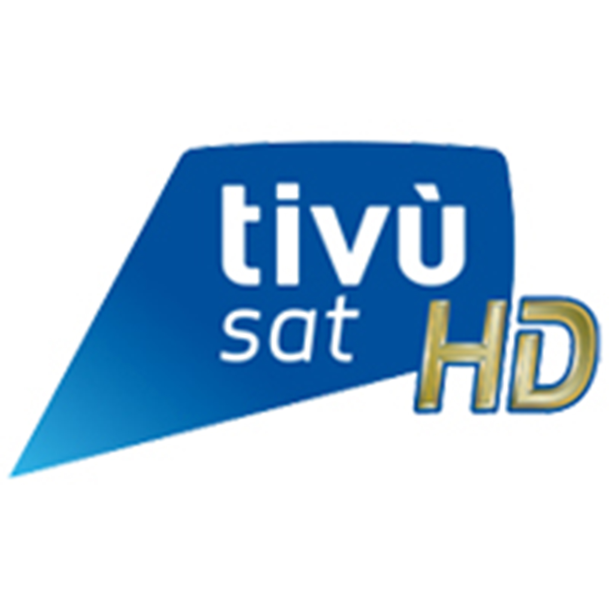 Logo von Tivùsat HD, eine blaue abgewinkelte Form mit weißem und goldenem Text.
