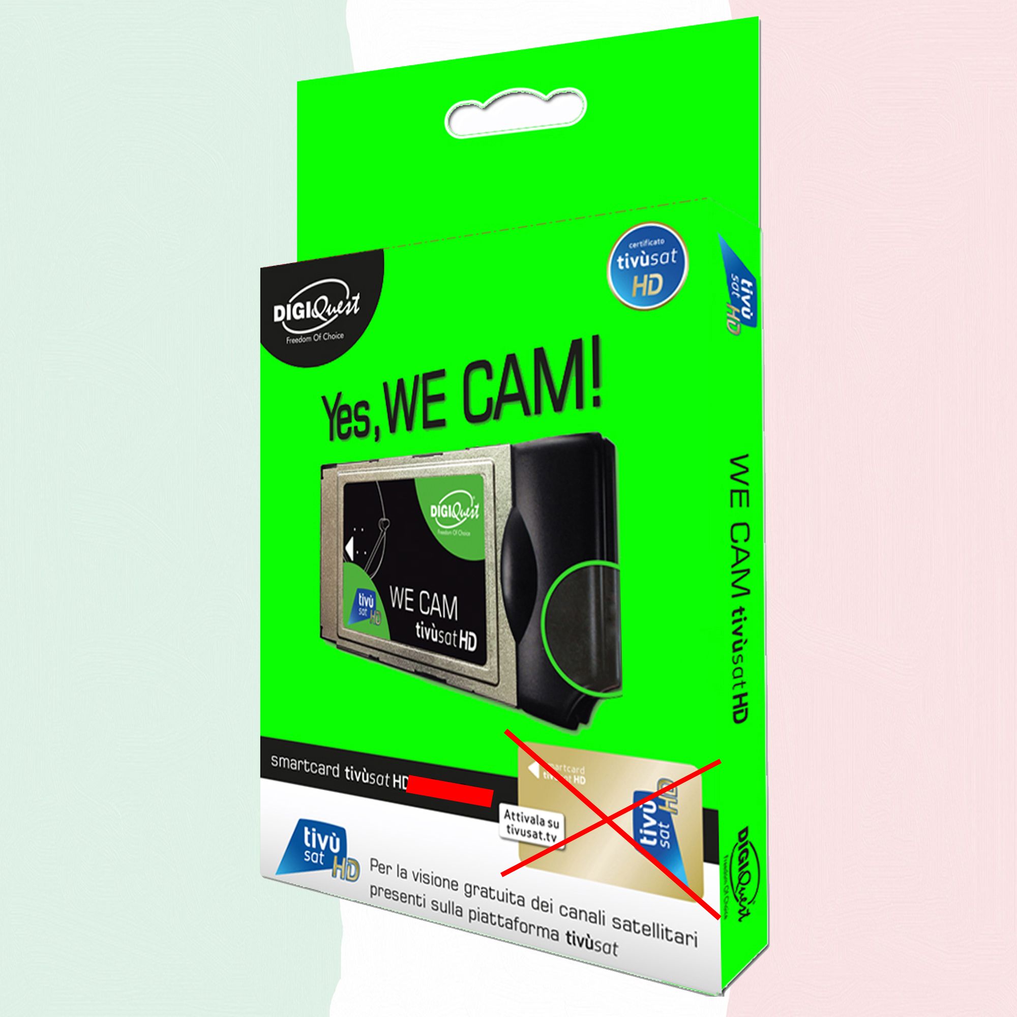 Eine grüne Box mit einem Produktetikett mit der Aufschrift „Yes, WE CAM!“ und einer Smartcard tivusat HD.