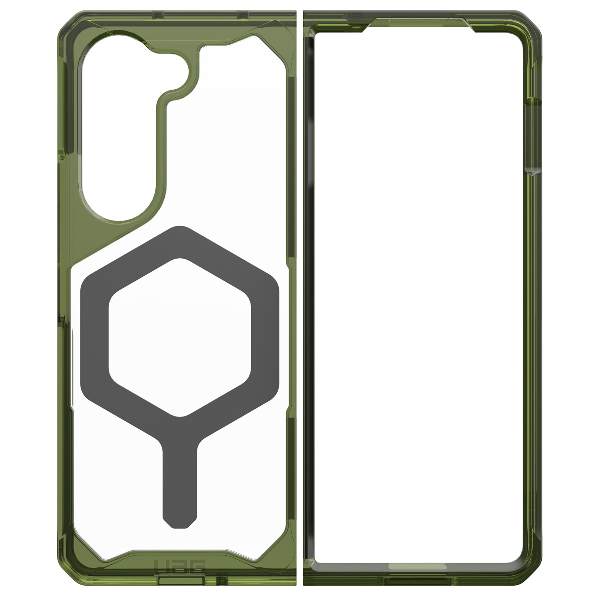 Groene telefoonhoes met een doorzichtige achterkant, die de omtrek van de telefoon laat zien. Witte achtergrond.