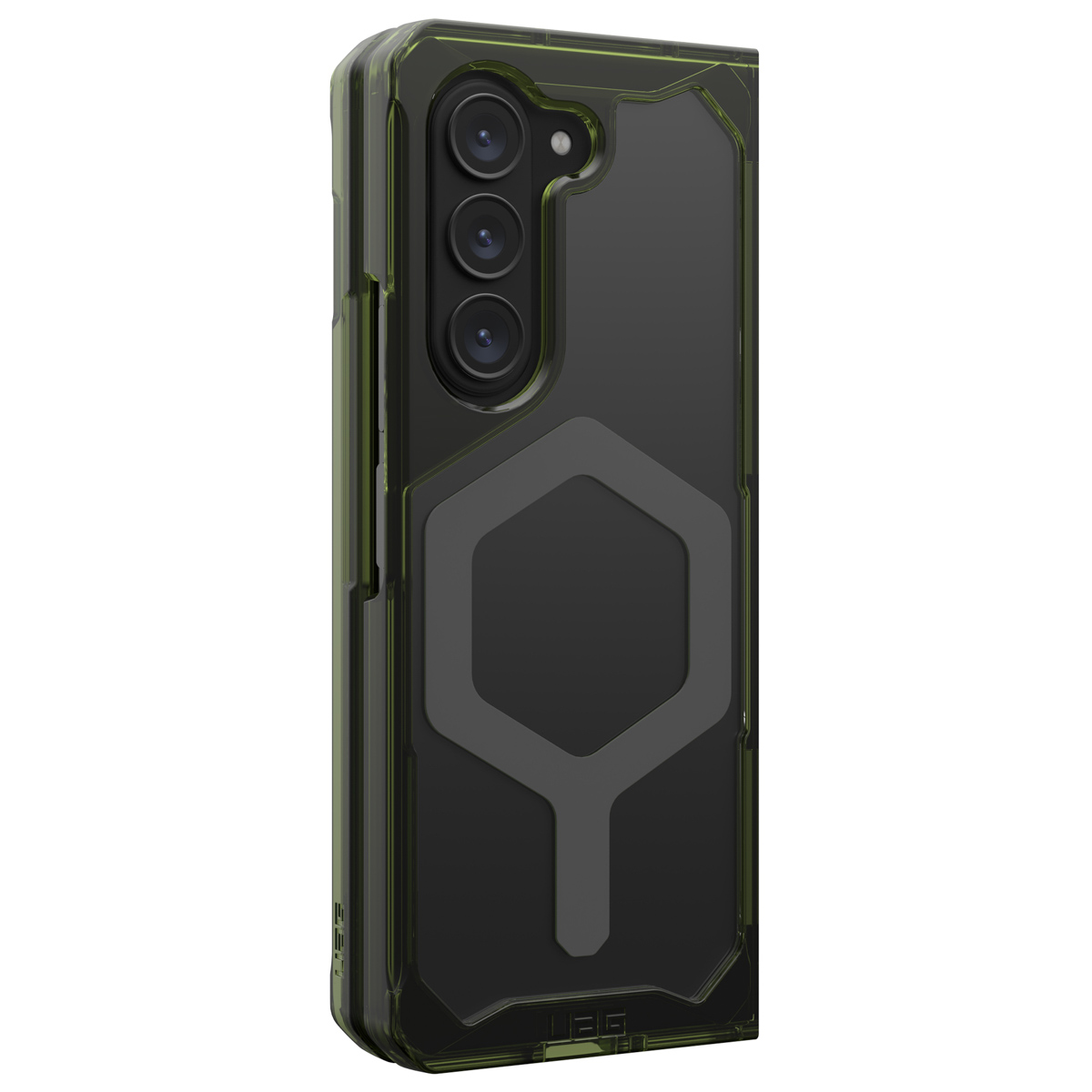 Groene telefoonhoes met een zwarte achterkant, drie cameralenzen en een grijze zeshoek.