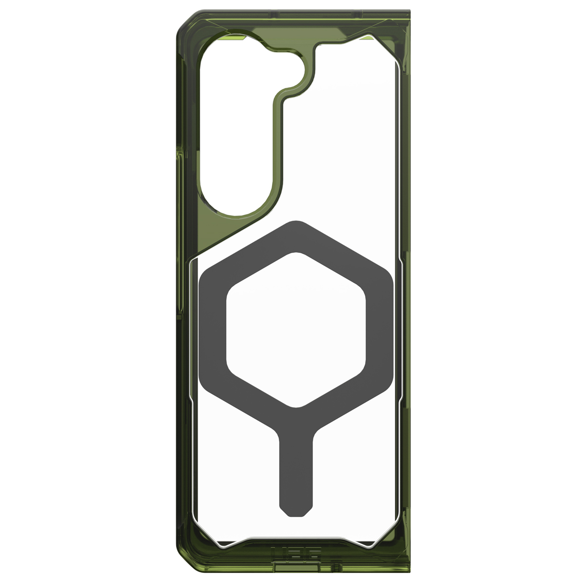 Olijfgroene telefoonhoes met een donkergrijs centraal ontwerp, witte achtergrond.
