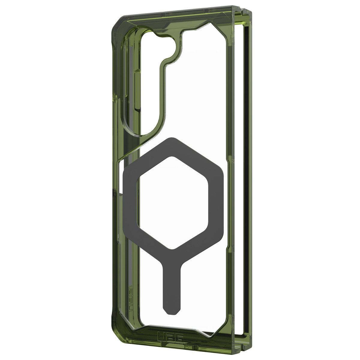 Olijfgroene telefoonhoes met een zwart hexagon detail in het midden. Transparante zijkanten, UAG label.