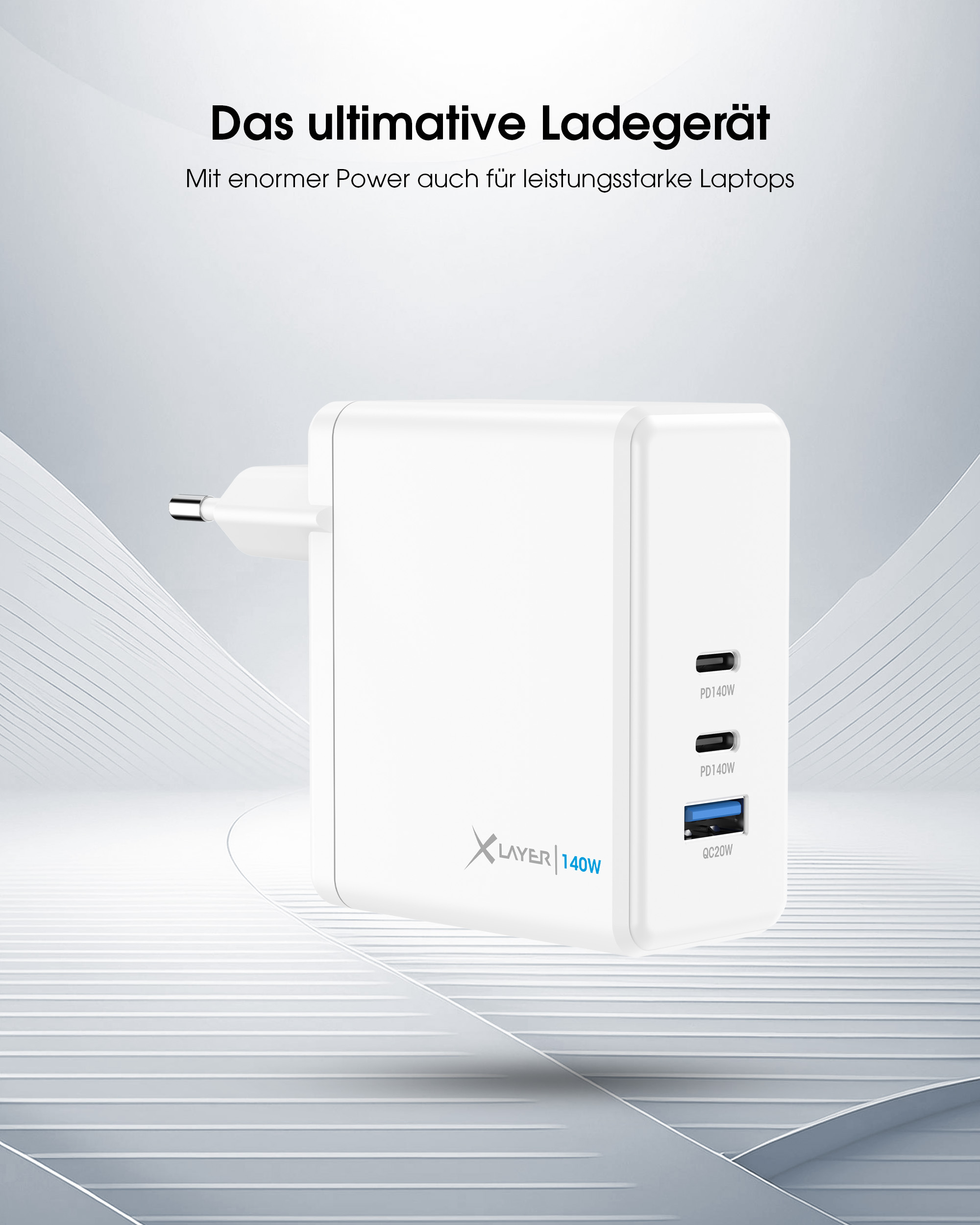 Weißes Netzteil mit drei USB-C-Anschlüssen und einem USB-A-Anschluss.