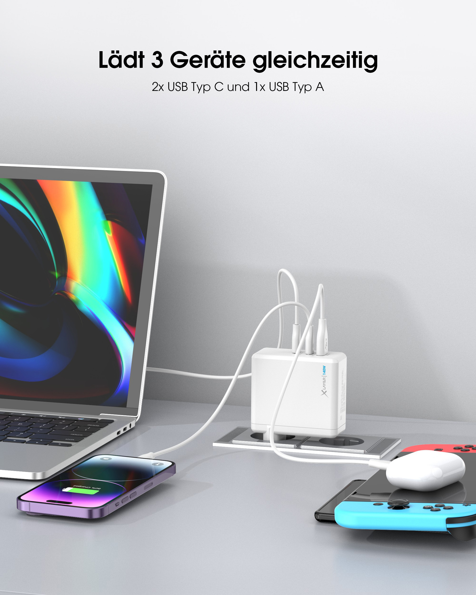 Weißes Netzteil mit mehreren Ladegeräten: Telefon, Ohrhörer und Konsole.
