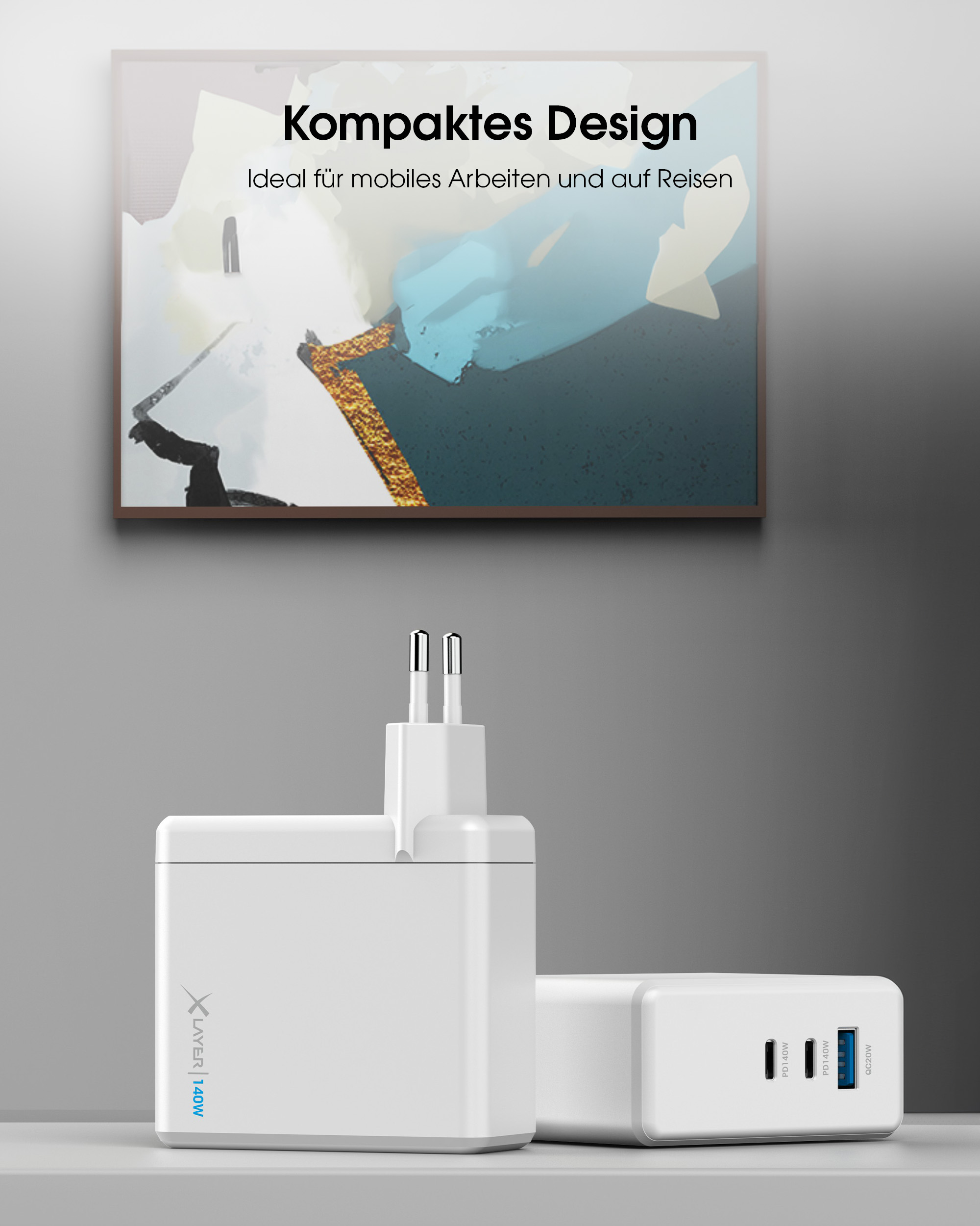 Weißes Ladegerät mit zwei Ausgängen und Grafik mit Design und Text auf Deutsch.