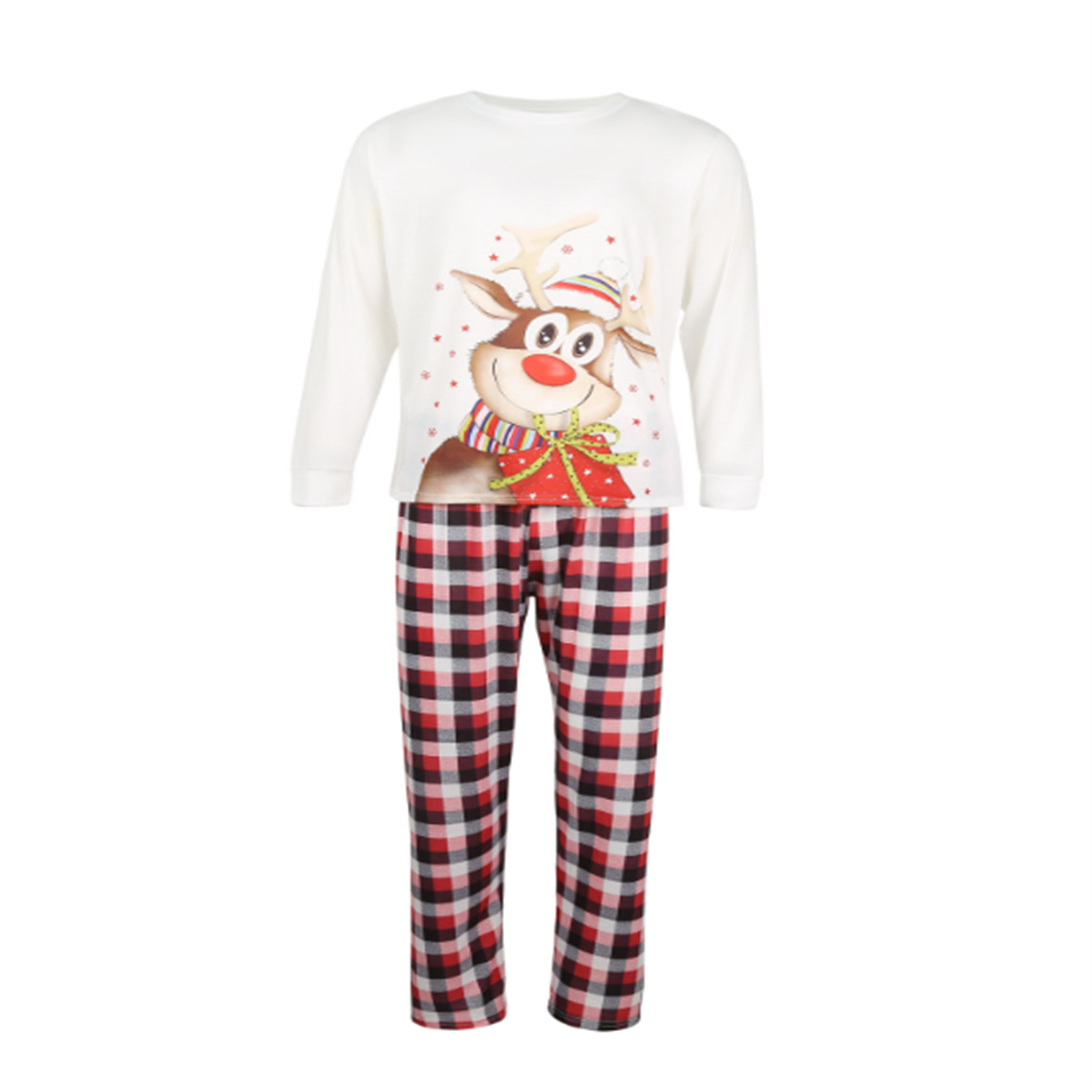Weihnachtspyjama-Set mit Rentier-Design, rot-karierte Hose und weißes Oberteil.