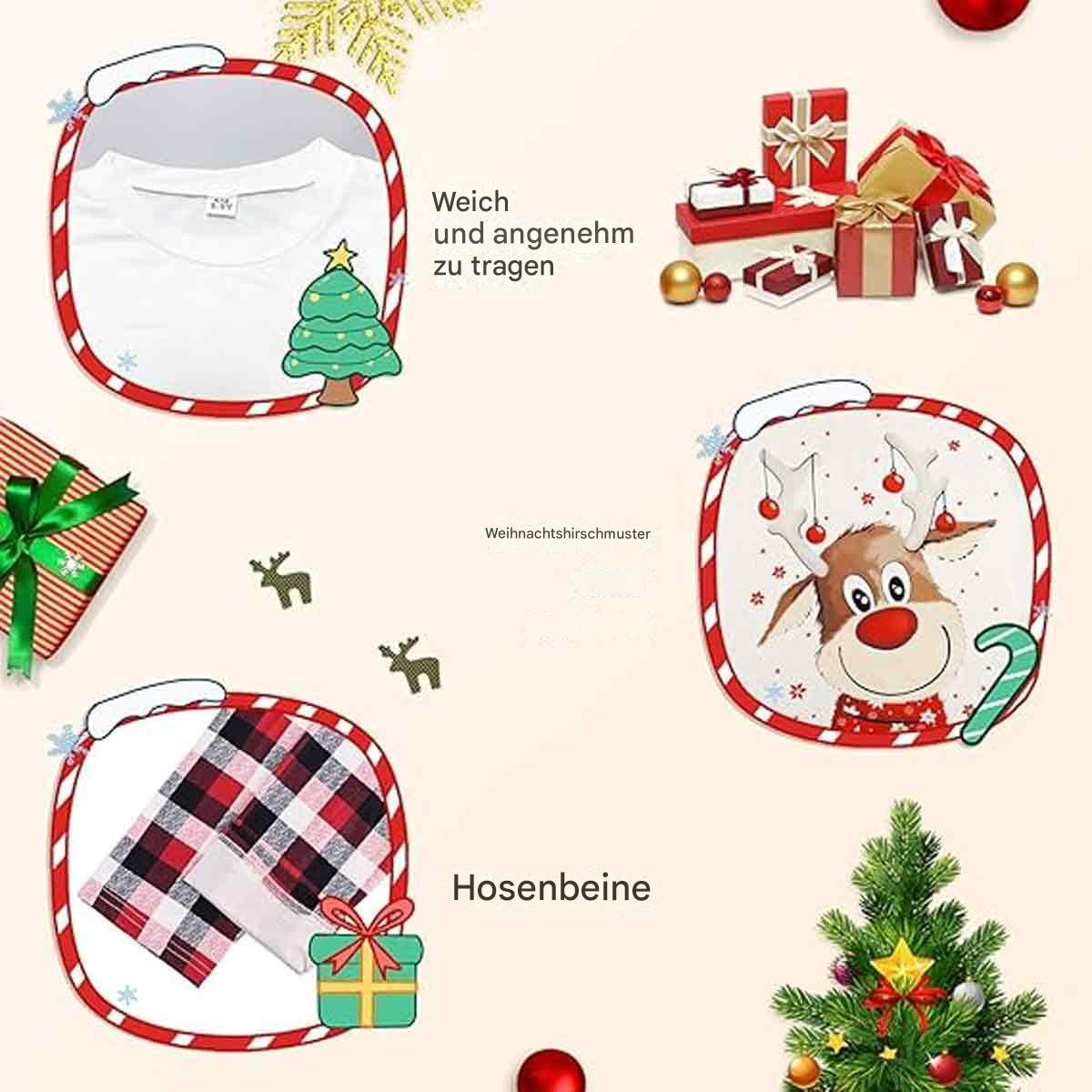 Weihnachtsbilder: Hemd, karierte Hose, Geschenke, Rentier, Weihnachtsbaum und goldene Kugeln.