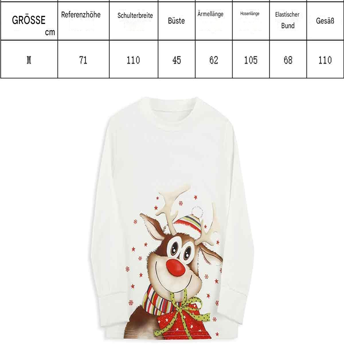 Weißes Langarmshirt mit Rentier-Grafik und Größentabelle.