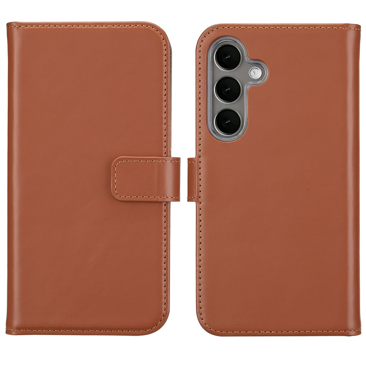 Braune Leder-Handyhülle, geöffnet, um ein Telefon zu zeigen. Die Hülle hat einen Verschluss.