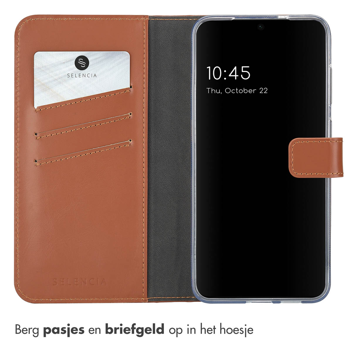 Braune Handyhülle mit Telefon, Karte und schwarzem Innenraum auf weißem Hintergrund.