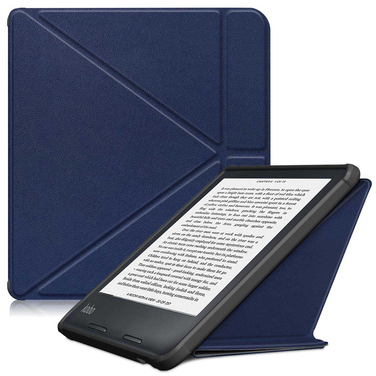 Blauwe e-reader in een donkerblauwe hoes. Witte achtergrond.