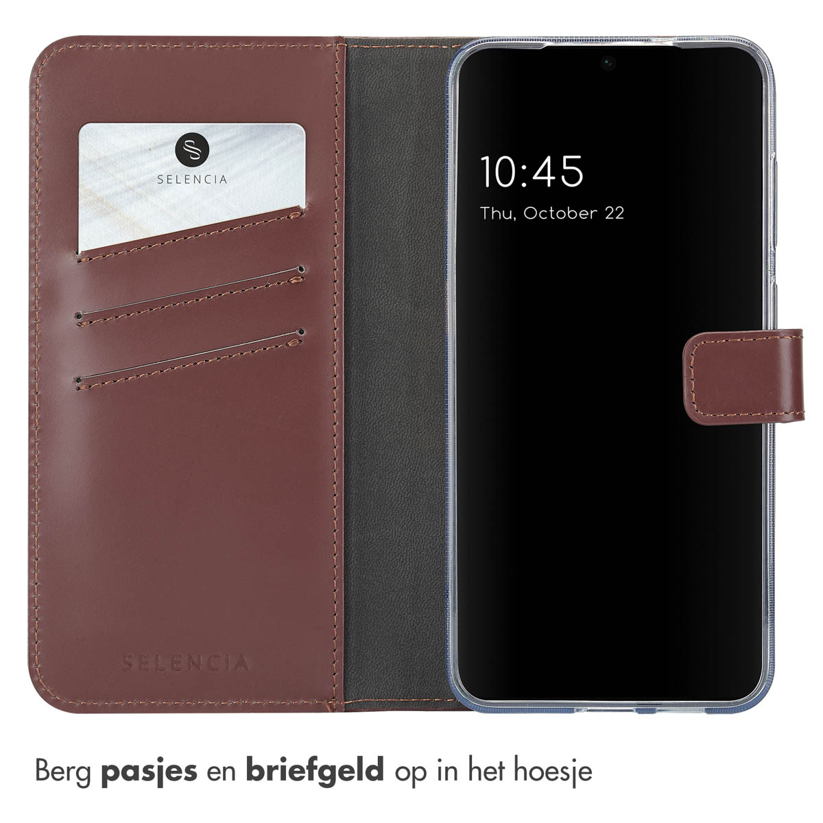 Geöffnete Geldbörsenhülle mit Telefon und Kartenhalter. Die Hülle ist braun und hat eine Lederstruktur.