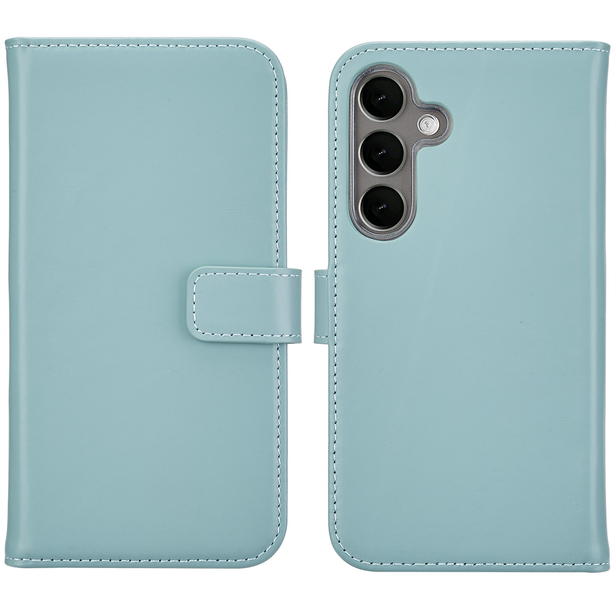 Étui de téléphone bleu clair, ouvert pour révéler un téléphone. L'étui a un fermoir.