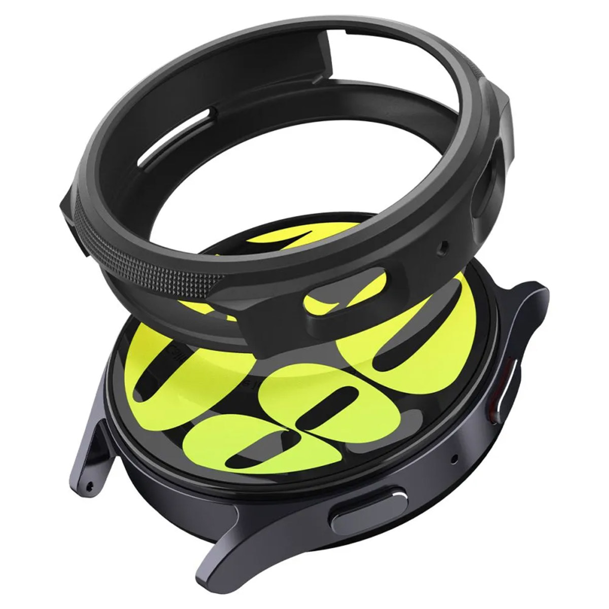 Czarna osłona koperty zegarka i czarny zegarek z żółtym ekranem. Osłona jest nad zegarkiem.