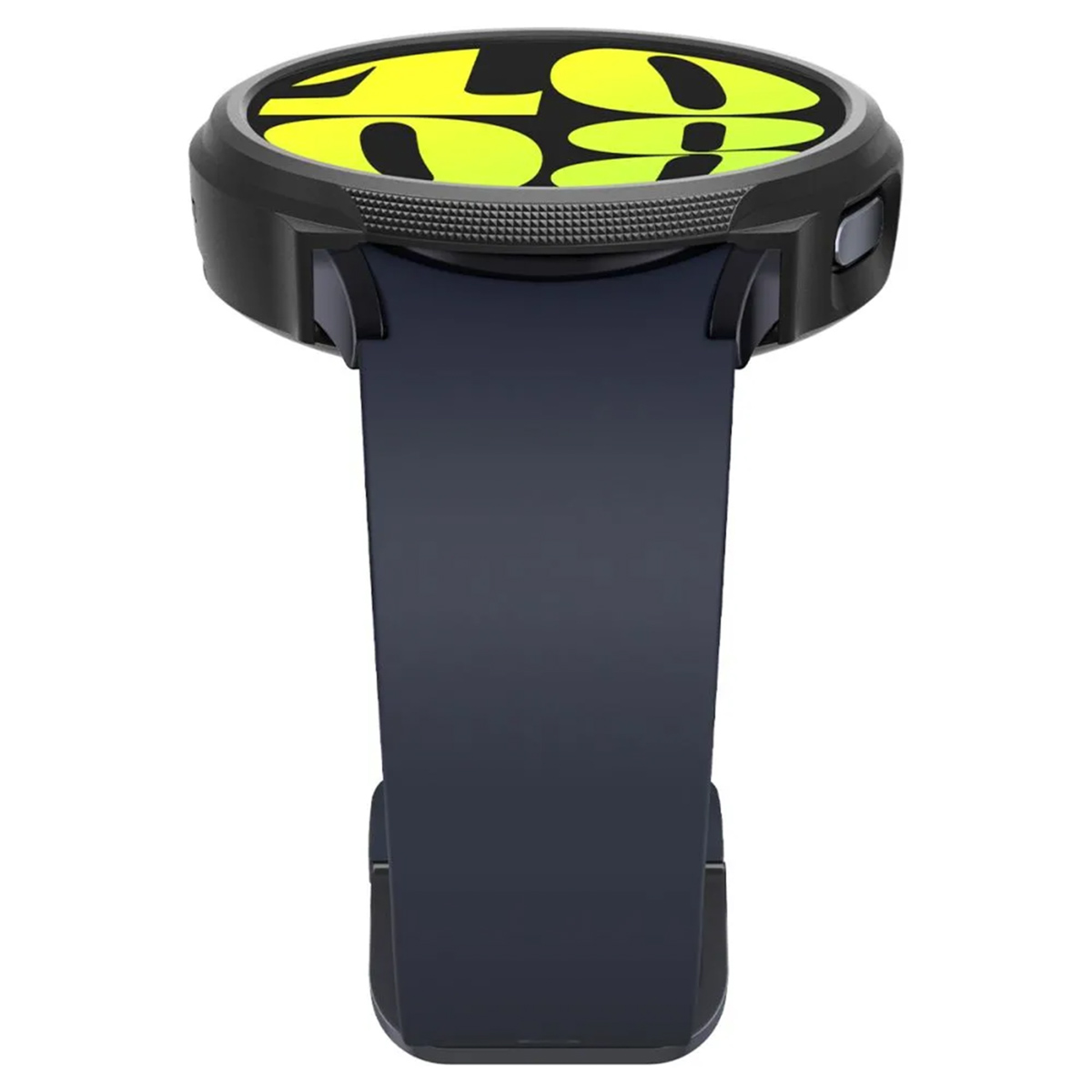 Czarny smartwatch z granatowym paskiem. Ekran wyświetla neonowy zielony zegar cyfrowy.