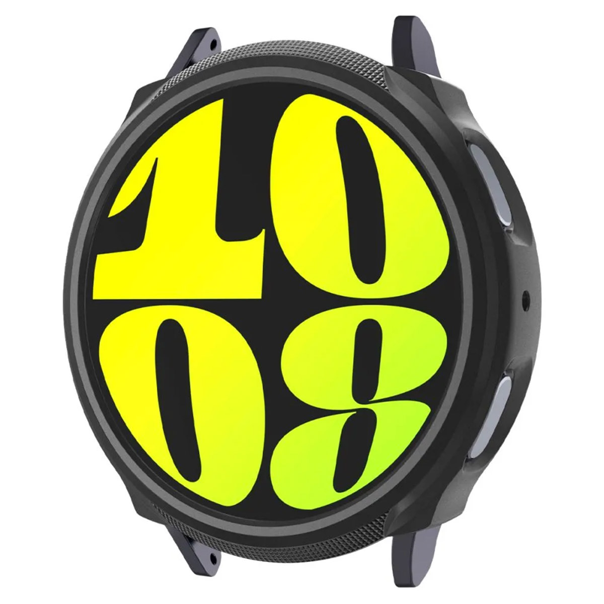 Czarna tarcza zegarka z żółto-zielonym wzorem graficznym na białym tle.