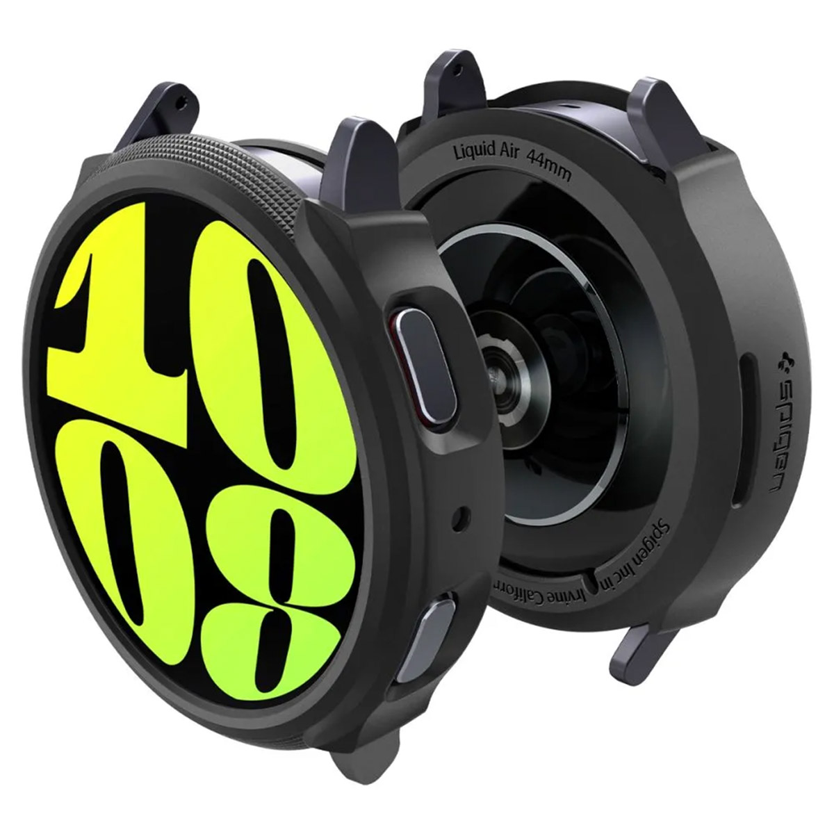 Czarna obudowa zegarka. Tarcza zegarka ma numer 10:08, w kolorze żółtym i zielonym.