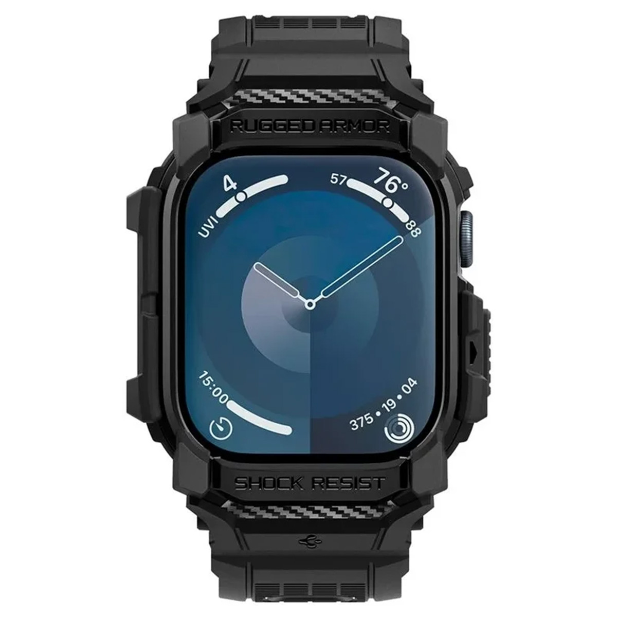 Czarna, wytrzymała obudowa zegarka z zegarkiem pokazującym niebieski ekran z godziną i innymi szczegółami.