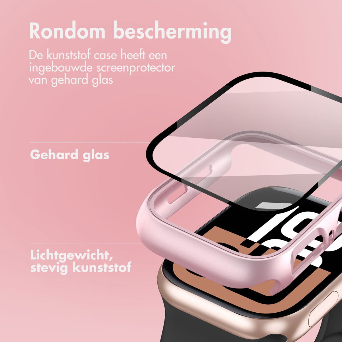 Pink watch case with a glass screen protector and watch on a pink background.