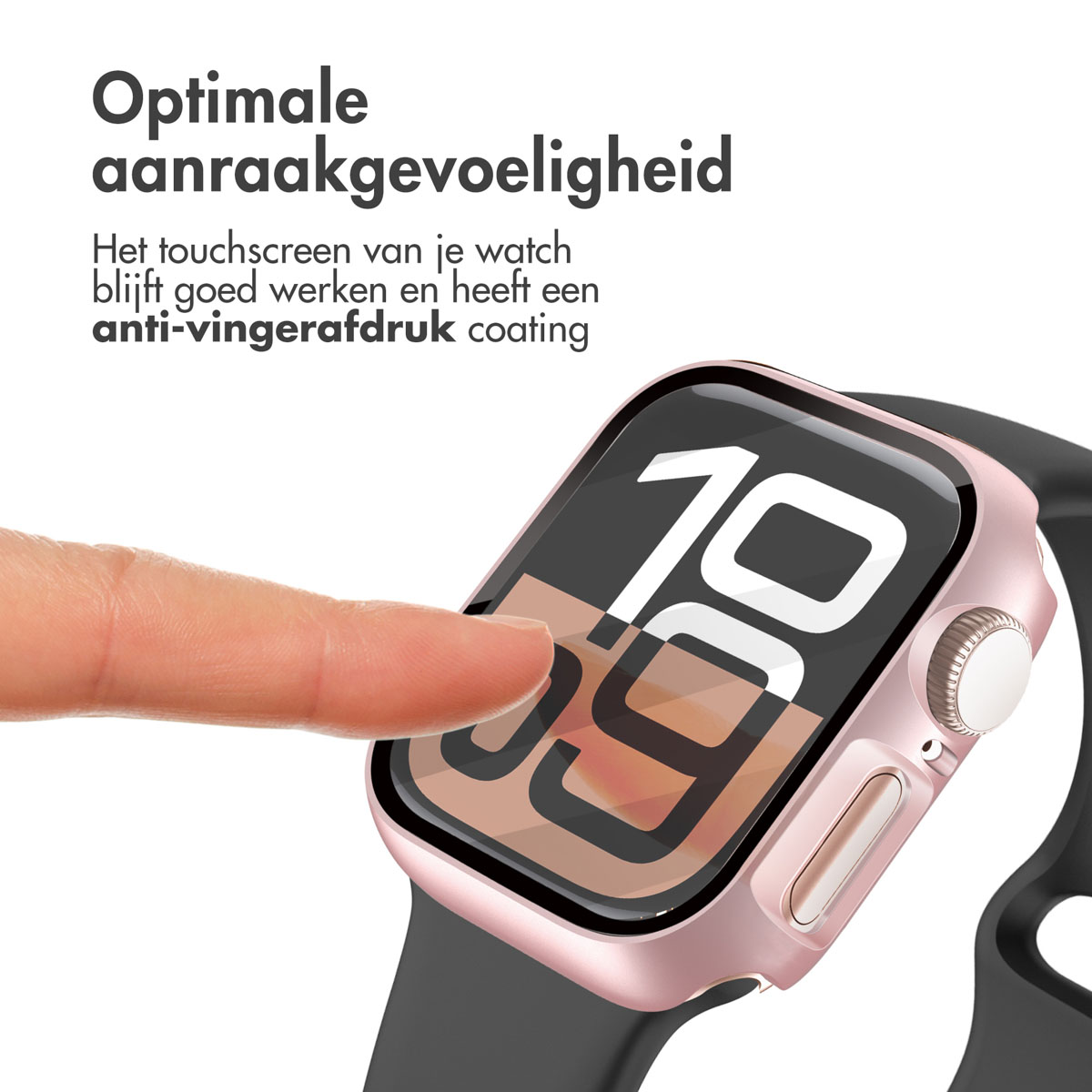Smartwatch with pink-gold frame, black band. Finger touches the screen displaying the time.