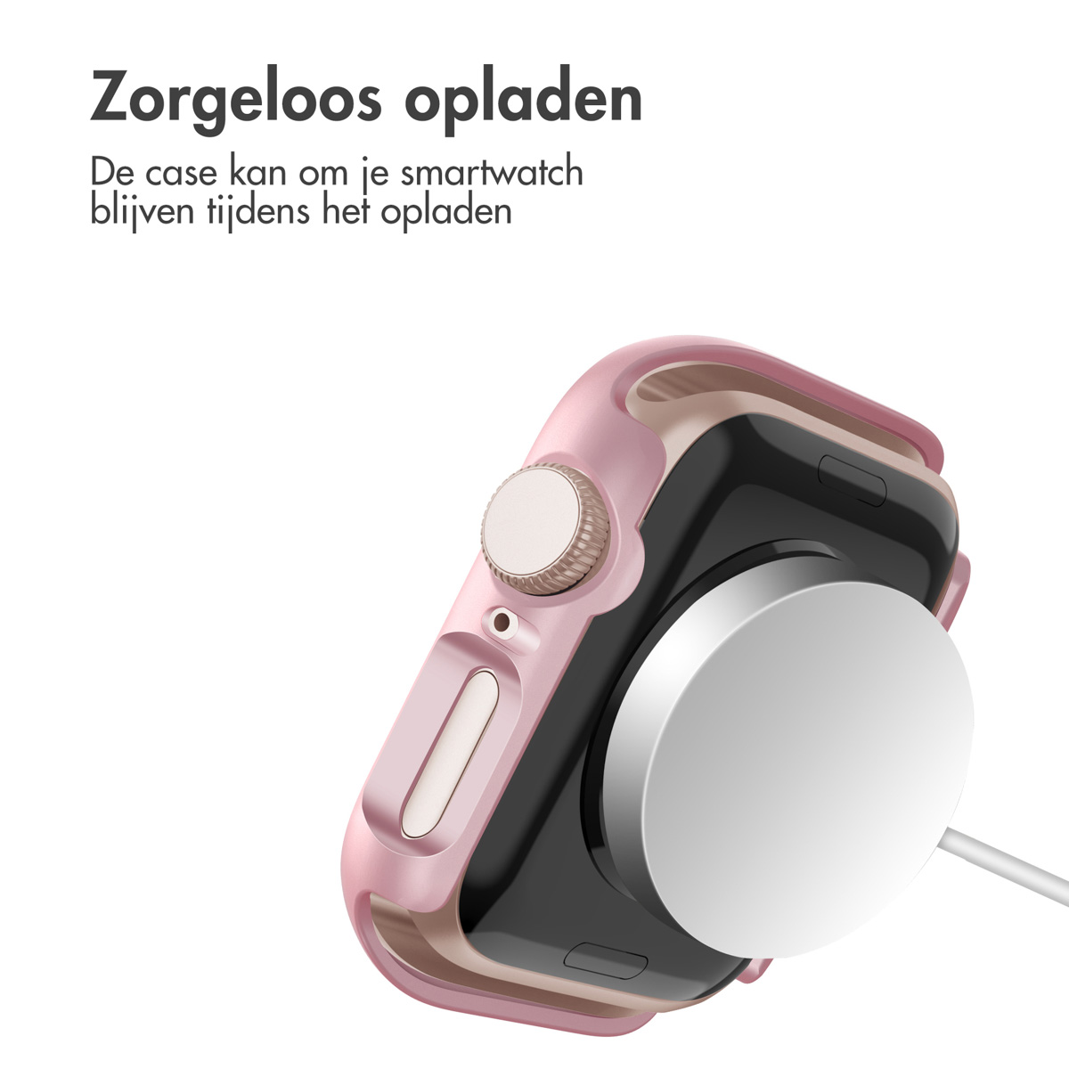 Pink watch case with a black watch inside, charging on a white charging pad.