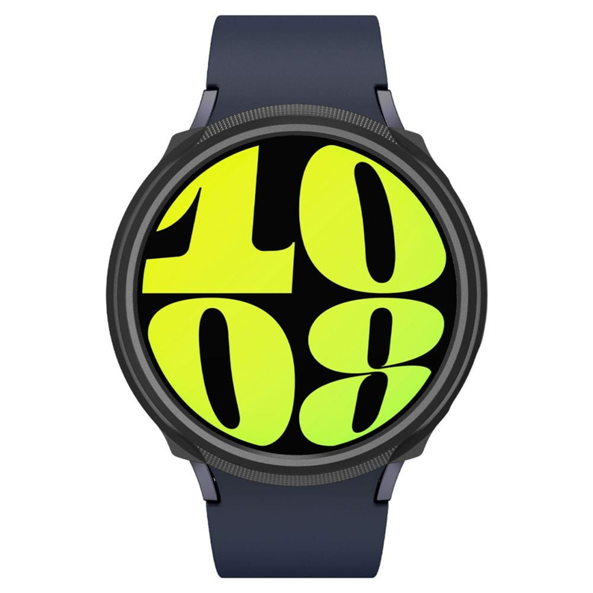 Een zwarte smartwatch toont 10:08 op het scherm met een geel-groene gradiënt.