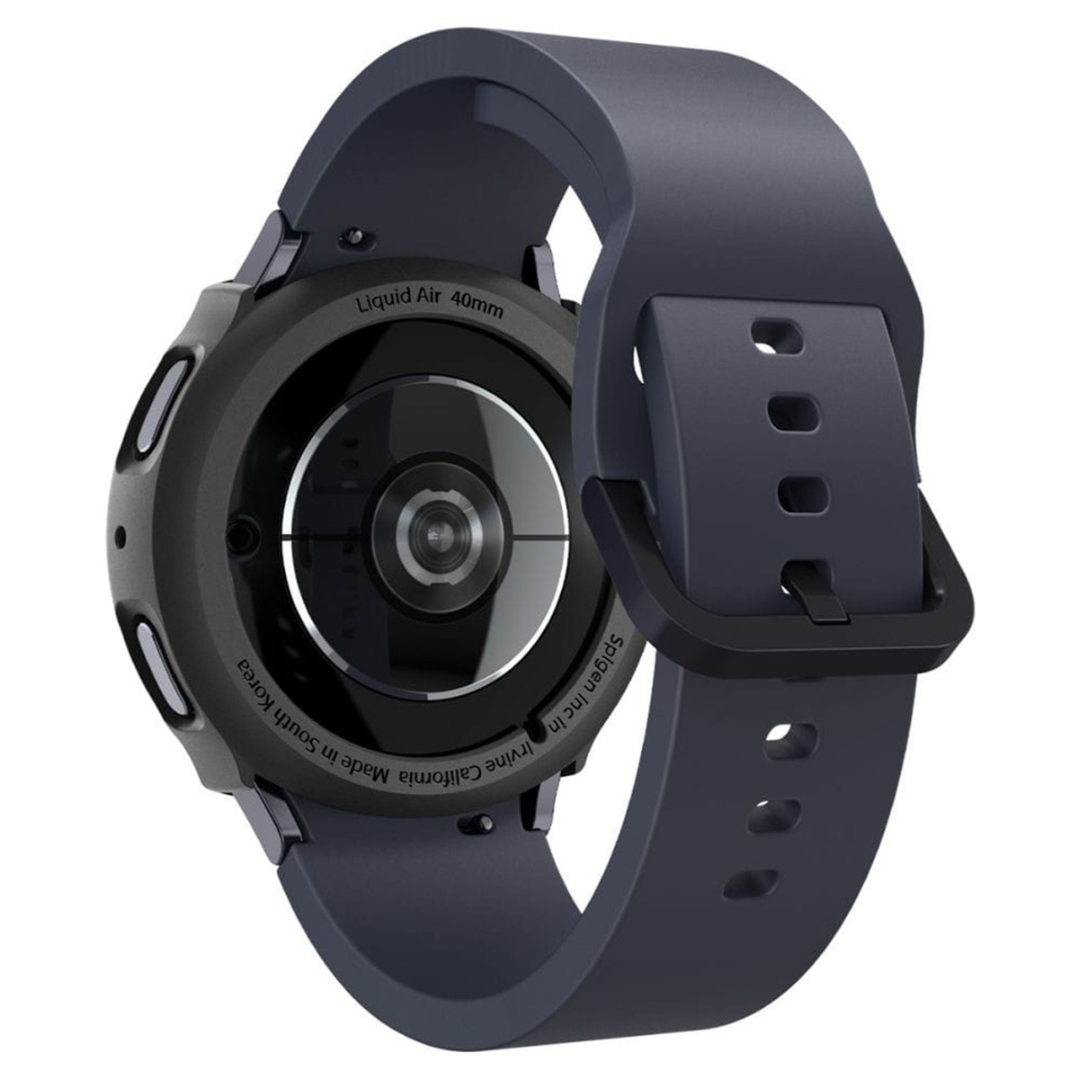 Zwarte smartwatch met een zwarte band, details zichtbaar op de achterkant.