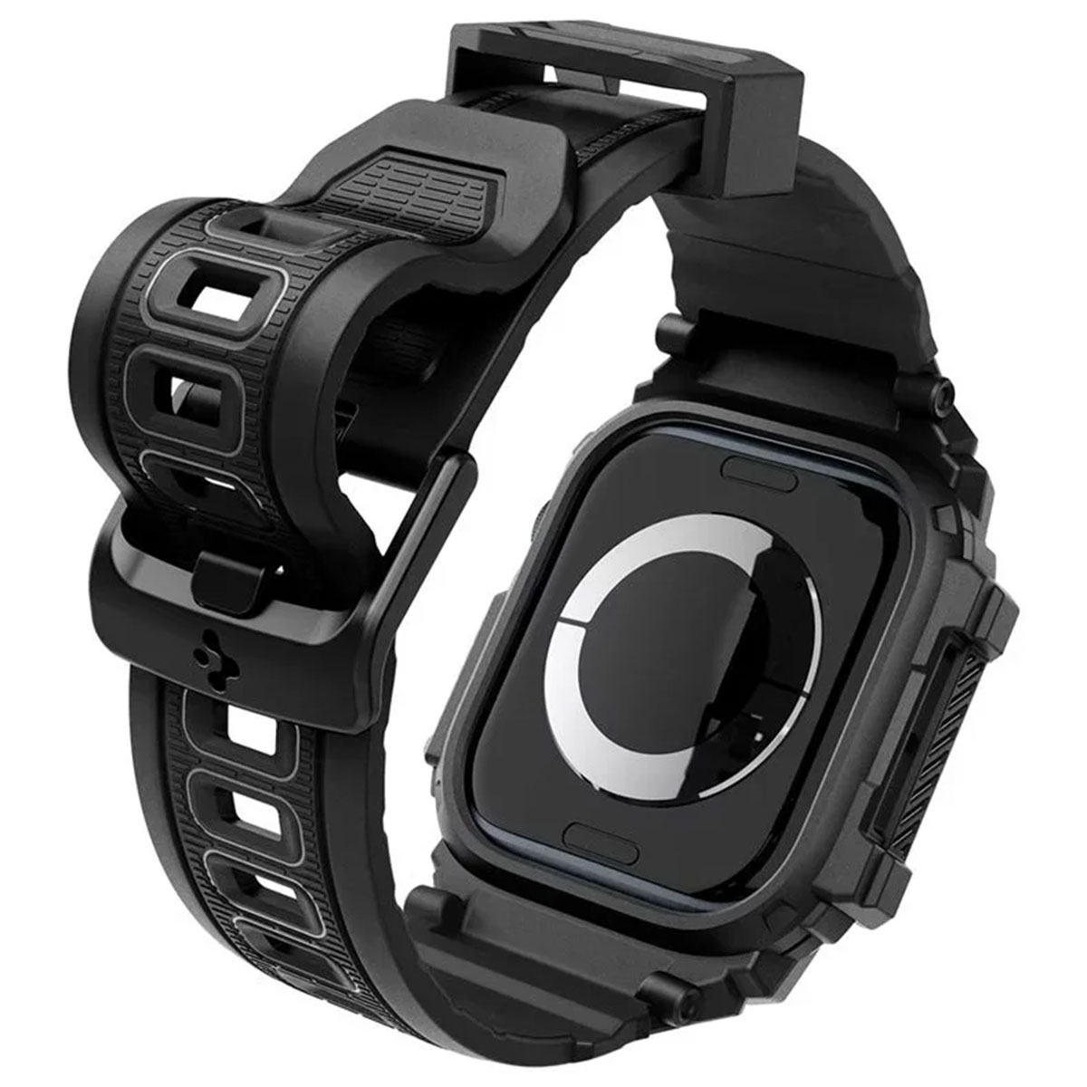 Czarne etui na smartwatch z czarnym paskiem, widok z kąta, pokazujący klamrę.