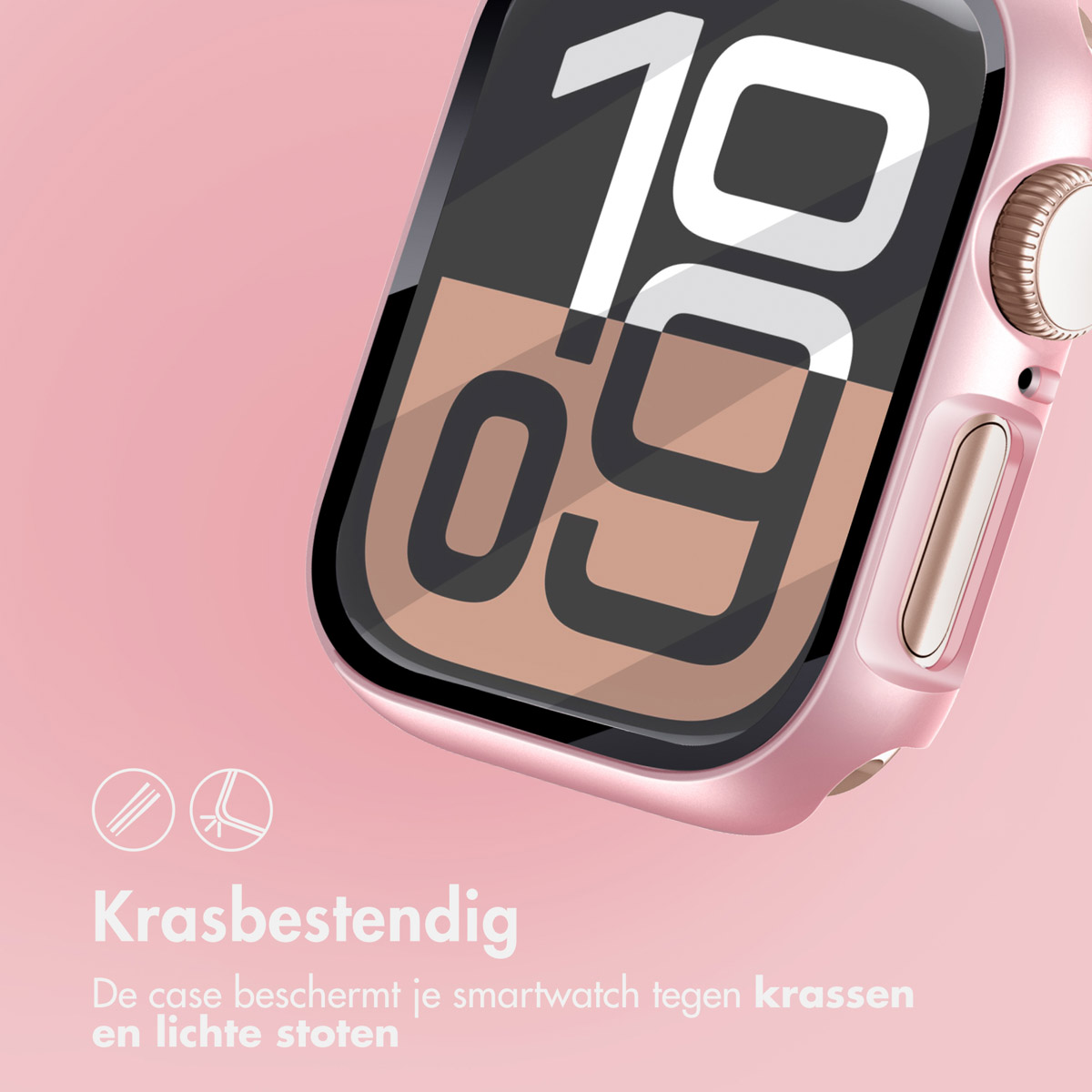 Pink smartwatch case. Text says 'Krasbestendig' and shows scratch resistance.
