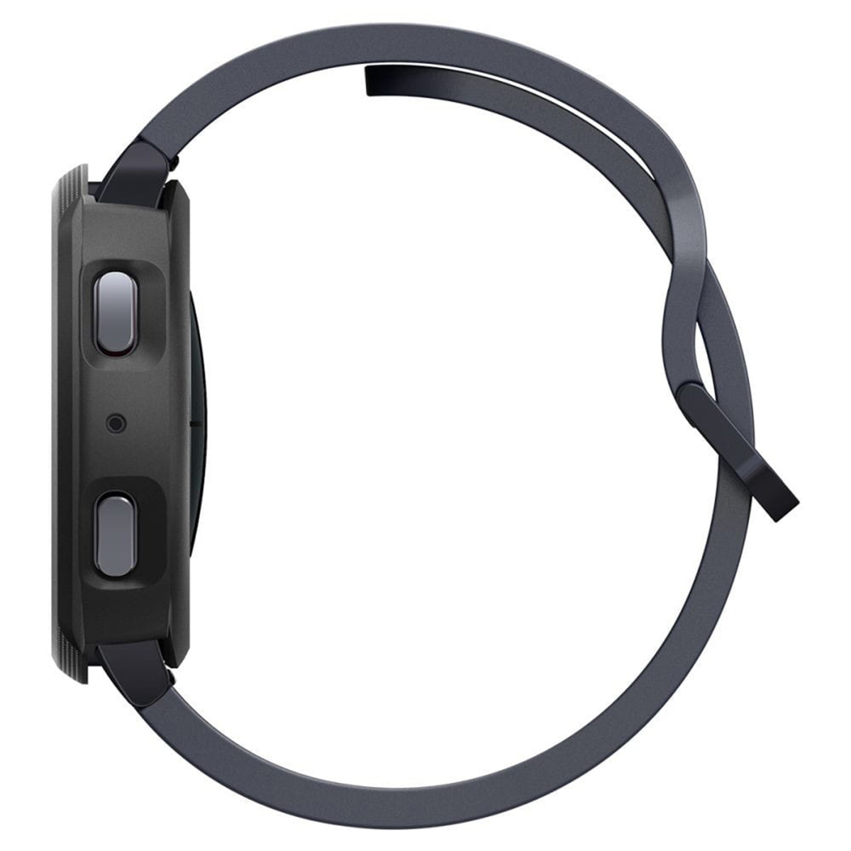 Een donkere smartwatch, zijaanzicht, met twee knoppen en een donkere band.
